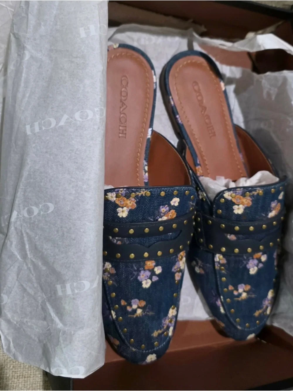 Coach Denim Floral Studded Slip-On Mules in Navy and Tan - Picture 8 of 11